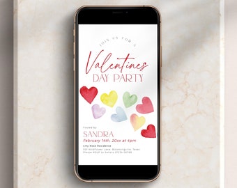 May include: A digital invitation for a Valentine's Day party hosted by Sandra. The invitation features a colorful watercolor design with hearts and the text "Join us for a Valentine's Day Party". The party is scheduled for February 14th at 4pm at Lily Rose Residence.