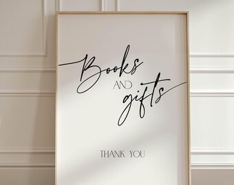Puede incluir: Un cartel blanco con marco dorado, el texto "Books and gifts" en letra cursiva negra, y las palabras "Thank You" en negro debajo.
