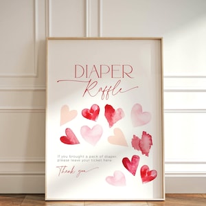Rote Herzen Valentines Windel Verlosung Zeichen-Baby-Dusche-Spiel, Rosa Liebe druckbare Tabelle Beschilderung Mädchen, kleiner Schatz Februar Sprinkle, CH84