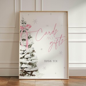 Pink Bow Cards and Gifts Sign Christmas Baby Shower, Coquette Winter Wonderland Girl, Woodland Tree Sprinkle Party, Bridal Template, CH76