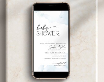 May include: A blue and white watercolor baby shower invitation on a smartphone screen. The invitation says "baby shower" and includes the name "Sasha Miller" and the date "September 14th, 2 pm" at the "Lilly Rose Residence".