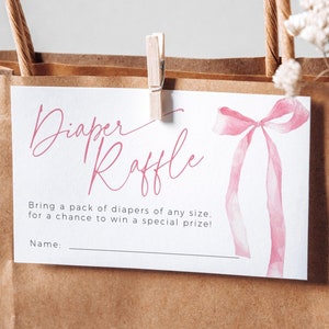 Pink Bow Diaper Raffle Ticket Invite Insert, Editable Coquette Blush Sprinkle PRINTABLE, Girl Baby Shower, Dusty Rose Enclosure Card, BB88