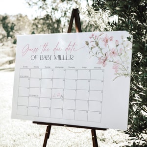 Póster con calendario con juego de adivinanzas de fecha de parto con flores en color rosa ruborizado, letrero para baby shower con flores, pancarta con predicción de cumpleaños de flores silvestres para niña, BS90