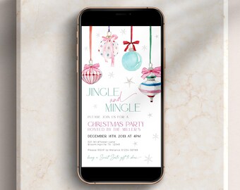 Pink Christmas Office Party Text Invitation, Coquette Ornament Jingle and Mingle Holiday Online Invite Work, Editable Cocktail Bow, CH79