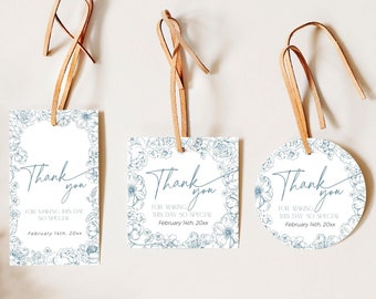 May include: Three thank you tags with blue floral designs and the text "Thank you for making this day so special" and the date "February 14th, 20xx".