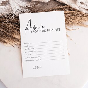 Consejos para padres sobre juegos minimalistas para baby shower, actividad moderna y divertida para baby shower, juego personalizable limpio y neutro en cuanto al género BB17