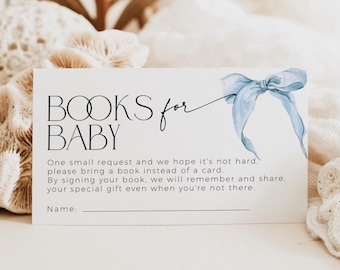 Blue Bow Books for Baby Invite Insert, Editable Coquette Sprinkle PRINTABLE, Boy Baby Shower, Dusty Blue Enclosure Card, Book Request, BB59