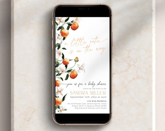 Invitación digital para baby shower de Little Cutie is on the Way Orange, DESCARGA, PLANTILLA de flores cítricas en línea, invitación con mensaje de texto, BB91
