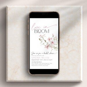 Blush Pink Love In Bloom Shower Electronic Invitation, Wildflower Garden Tea Party Text Invite, Dusty Floral Bridal Brunch Template, BS90