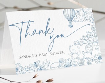Blue Toile de Jouy Baby Shower Thank You Card DOWNLOAD, Editable Floral Thanks Note Boy, Nursery Chinoiserie Hot Balloon Bear Template, BB92