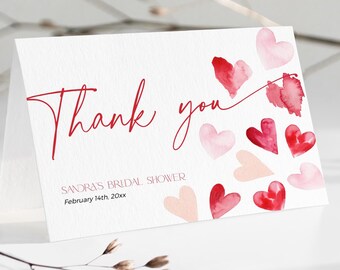 Valentine Thank You Card Bridal Shower, Pink and Red Hearts Thanks Note Printable, Editable Coquette Love is in the Air Template Party, CH84
