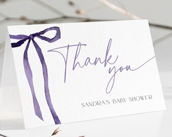 Purple Bow Thank You Card Baby Shower DOWNLOAD, Coquette Thanks Note Printable, Dark Elegant Editable Girl Sprinkle Party Template , BB102