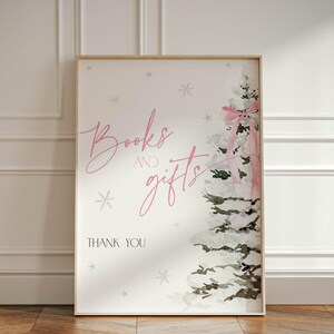 Pink Bow Books and Gifts Sign Christmas Baby Shower, Coquette Winter Wonderland Girl, Woodland Tree Sprinkle Party, Bridal Template, CH76