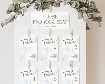 Table Card Seating Chart Template On Cloud Nine, Something Blue Dusty Watercolor Find your Seat Banner, Modern Minimal Wedding Sign, BS37