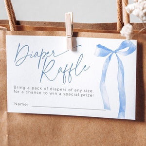 Blauwe strik luier loterij ticket uitnodigen invoegen sjabloon, bewerkbare coquette stoffige strooi afdrukbaar, Boy Baby Shower Game bijsluiter kaart, BB89