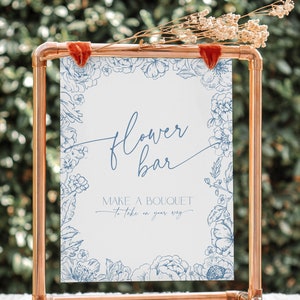 Blaue Toile de Jouy Wildblumen Blume Bar Schild Brautparty, Liebe in Blüte Hochzeitsbevorzugung Signage, Elegantes Blumengesteck, um einen Blumenstrauß zu bilden, BS94