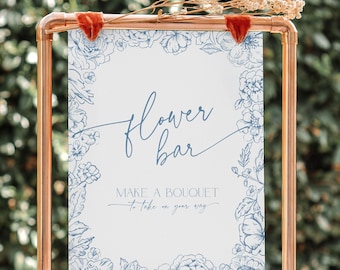 Blue Toile de Jouy Wildflower Flower Bar Sign Bridal Shower, Love in Bloom Wedding Favor Signage, Elegant Floral Make a Bouquet Poster, BS94