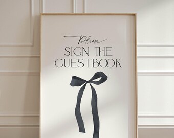 Black Bow Guestbook Sign Bridal Shower Card, Shes Tying the Knot Our Guest Book Signage Template, Modern Gothic Hen Party Table Poster, BS99