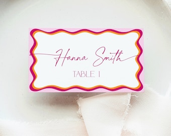 Wavy Border Place Cards Bridal Shower, Pink Red Wedding Table Name Card, Printable Seat Card, Modern Engagement, Folded Seating Label, BS36