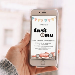 Race car 1st birthday invitation digital, Ecard fast one boy racing car party 1 year old online invite instant download, BK06