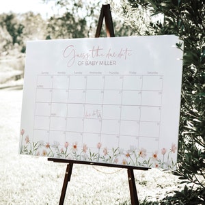 Juego de calendario con póster de adivinación de fecha de parto, niña con flores silvestres de color rosa ruborizado, letrero de flores de mayo con lluvia de abril en color rosa polvoriento, BB13