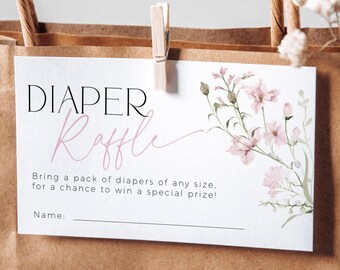 Diaper Raffle Ticket Wildflower Baby in Bloon Invite Template, Editable Floral Sprinkle Insert, Dusty Pink Flower Shower Enclosure Card BS90
