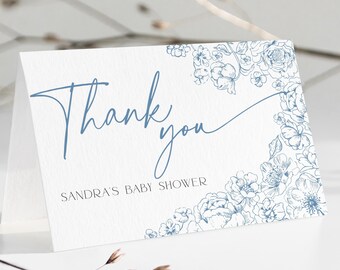 Blue Toile de Jouy Baby Shower Thank You Card Wildflower, Editable Floral Thanks Note Boy, French Chinoiserie Baby in Bloom Template, BB94