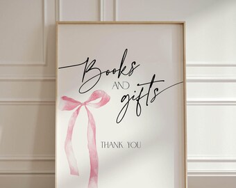 Pink Bow Books and Gifts Sign Bridal Shower Card, Shes Tying the Knot Presents Signage Template, Coquette Girl Hen Party Table Poster, BS88