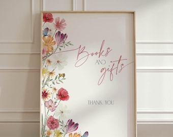 Wildflower Books and Gifts Sign Bridal Shower High Tea, Love in Bloom Wedding Signage, Butterfly Summer Hen Party Cards Table Poster, BS98