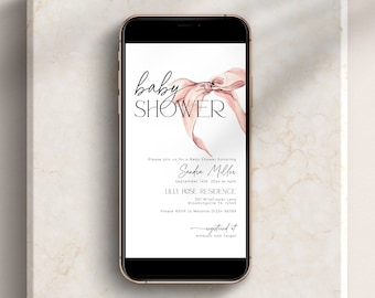 Blush Pink Bow Baby Shower Invitation Online, Editable Electronic Invite, Ribbon Mom-to-be Party Text Message, Digital Ecard Download, BB58