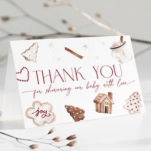 Carte de remerciement pour baby shower de biscuits de Noël et cacao, mot de cadeau joyeux petit bébé en pain d'épice, saupoudrage modifiable Winter Wonderland, CH74
