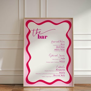 Felroze golvende rand cocktailbar bord vrijgezellenfeest, drankmenu babyfeestje bewegwijzering, kleurrijke banner meisje, heldere fuchsia tafelposter, BS56