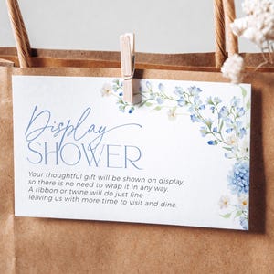 Présentoir cadeau non emballé d'invitation de douche nuptiale d'hortensia bleu, invitation de mariage de fleurs sauvages, carte-cadeau quelque chose de bleu ne pas emballer, BS104