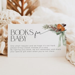 Modèle d'insertion de carte d'invitation de baby shower de livres de Noël, demande de livre imprimable fleurs d'hiver, boîtier vert modifiable Père Noël, CH69