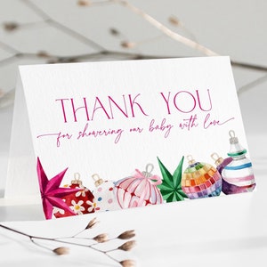 Carte de remerciement rose Noël baby shower, joyeux petit cadeau lumineux, saupoudrage modifiable Winter Wonderland, fille boule d'arbre coloré, CH78