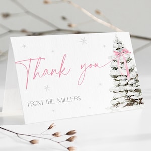 Téléchargement de carte de remerciement Noël noeud rose, modèle d'événement de Noël imprimable et modifiable coquette fille vacances dîner de remerciement, modèle CH76