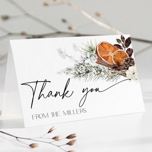 Carte de remerciement élégante Noël enneigée à télécharger, note de remerciement fête des fêtes imprimable, modèle d'événement modifiable classique, dîner de Noël, CH71