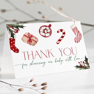 Kerstman babyshower bedankkaart, rode Merry Little Christmas kousen cadeau opmerking, bewerkbare Winter Wonderland strooi, genderneutraal, CH47