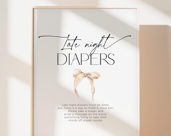 Beige Bow Late Night Diapers Sign, Coquette Gender Neutral Baby Shower PRINTABLE, Minimal Ribbon Mom-to-Be Party Game Poster Download, BB60