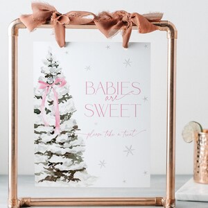 May include: A white sign with a watercolor illustration of a snowy pine tree with a pink ribbon. The sign reads "Babies are Sweet, please take a treat." The sign is displayed on a copper pipe stand.