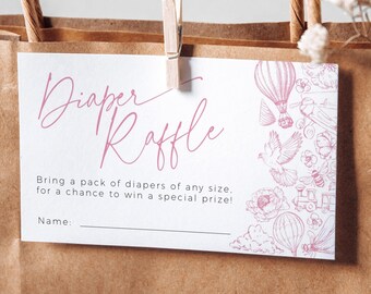 Pink Diaper Raffle Ticket Toile de Jouy Invite Template, Editable Floral Chinoiserie Sprinkle, Girl Balloon Bear Baby Shower Card, BB93