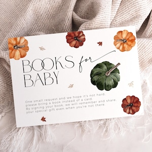 Livres d'automne pour carte d'invitation pour baby shower, petite citrouille colorée en route pour garçon, tomber amoureux, demande de livre feuilles d'automne CH68