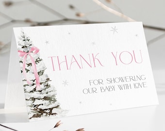 Pink Bow Christmas Baby Shower Thank You Card, Coquette Blush Merry Little Baby Gift Note, Editable Winter Wonderland Sprinkle Girl, CH76