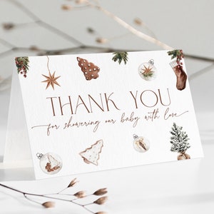 Carte de remerciement Noël baby shower, joyeux petit bébé en pain d'épice cadeau note garçon, saupoudrer au pays des merveilles d'hiver cookie rustique modifiable, CH53