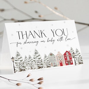 It takes a Village babyshower bedankt, Merry Little Christmas Houses cadeaubriefje, bewerkbare Winter Wonderland strooi, boskaart, CH48