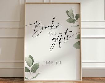 Eucalyptus Books and Gifts Sign Baby Shower, Greenery Mom-to-be Signage Presents Table, Botanical Sage Green High Tea Bridal Poster, BB39