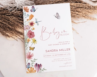 Baby in Bloom Baby Shower Invitation Digital Download, Wildflower Shower Invite, Summer Butterfly Flower Meadow Online Invitation Girls BB12