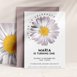 Daisy First Birthday Invite DIGITAL DOWNLOAD, Wild One First Birthday Invitation Flowers PRINTABLE A6, Thank you Tag, Favor Label, bk03