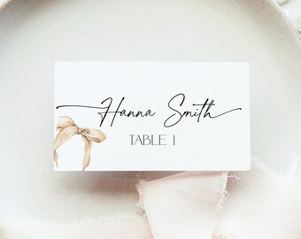Neutral She is Tying the Knot Place Card Bridal Shower, Beige Bow Wedding Tent Table Name Tag, Printable Seat DIY, Folded Seating Label BS60