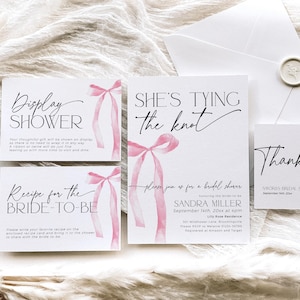Modello di invito nuziale con fiocco rosa Shes Tying the Knot, invito per addio al nubilato con nastro Coquette, invito per matrimonio con nastro Blush, BS88